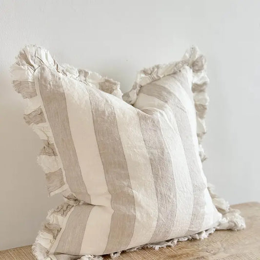 Hallie Ruffled Linen Cushion Cover – Beige & Cream Wide Stripe