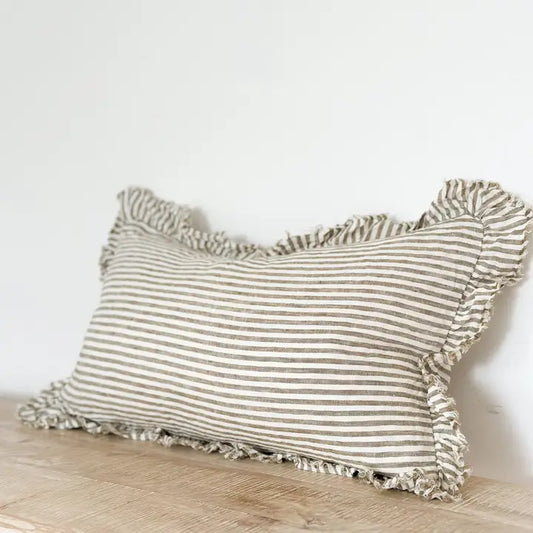Hallie Ruffled Linen Cushion Cover – Olive Stripe