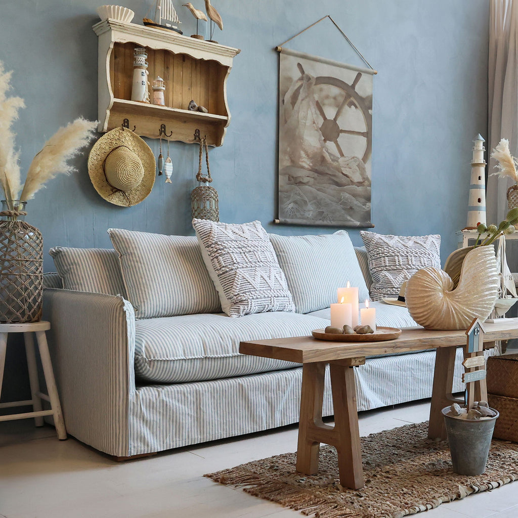 Coastline 3 Seater Linen Sofa - Azure Blue & Ivory