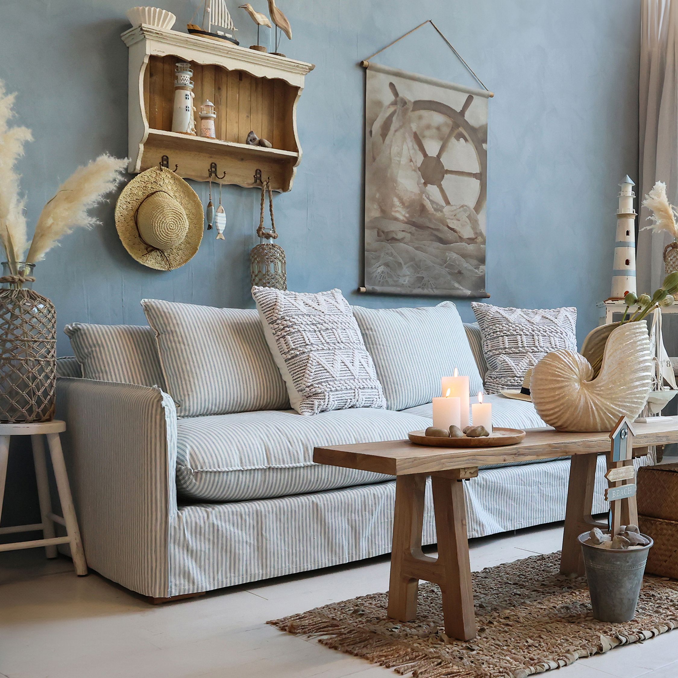 Coastline 3 Seater Linen Sofa - Azure Blue & Ivory
