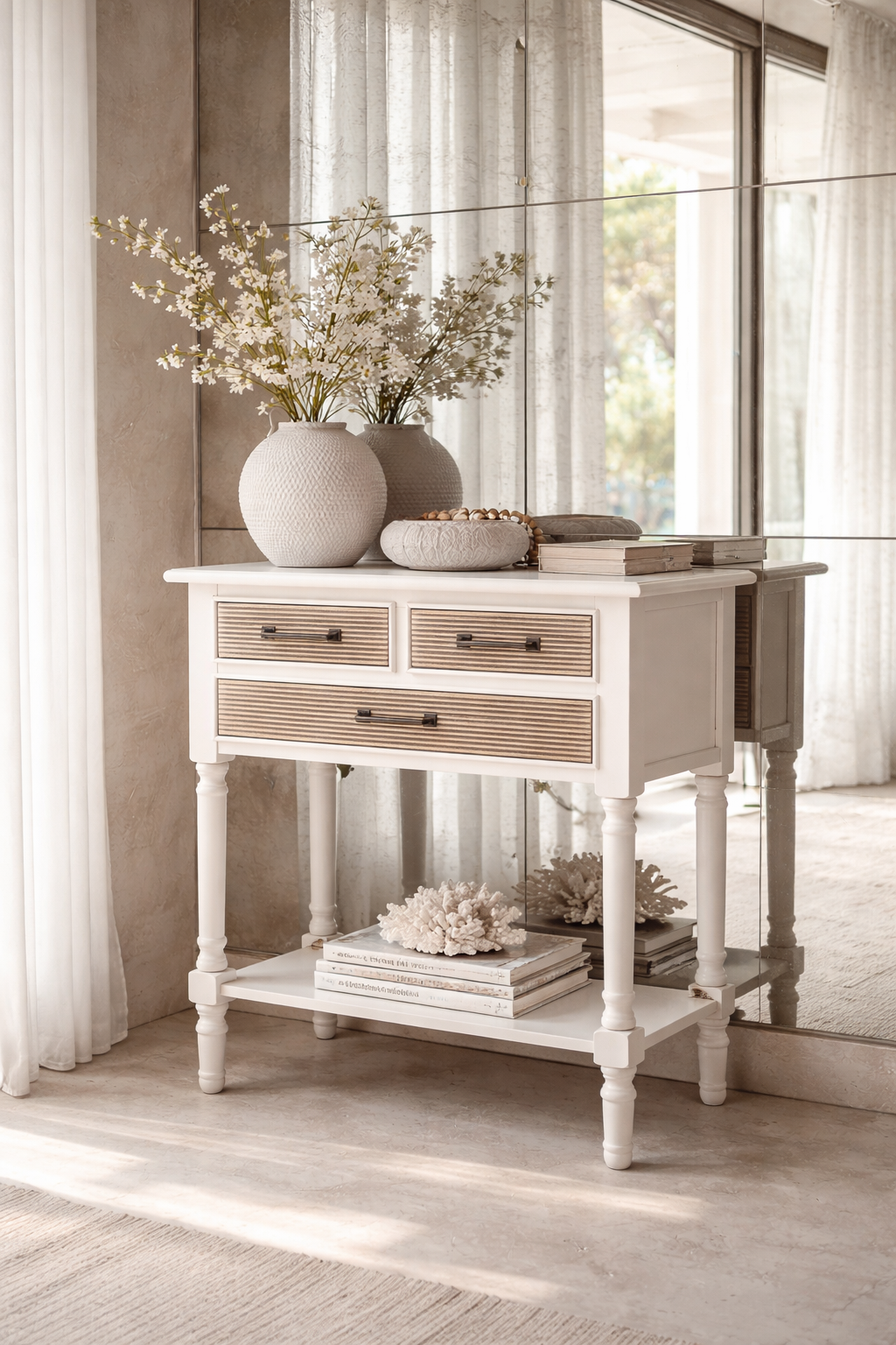 White console table with textured wooden drawer fronts styled against antiqued mirror tiles in a light-filled coastal luxury interior.