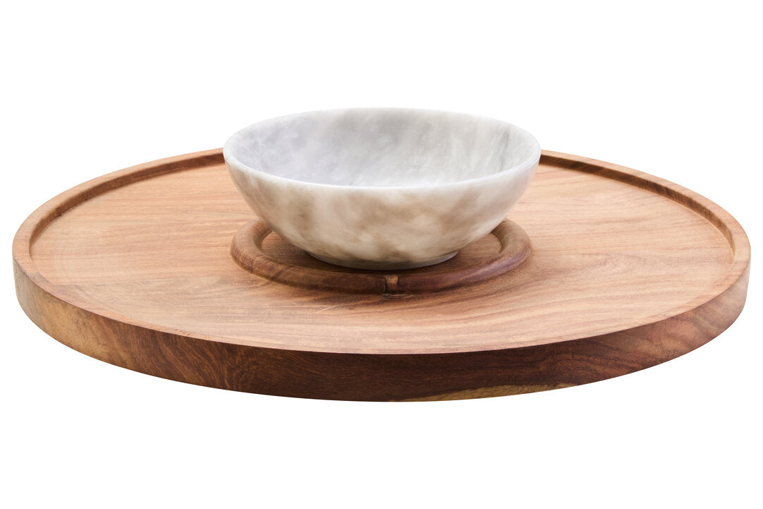 Casia Chip & Dip Server - White Marble & Acacia Wood