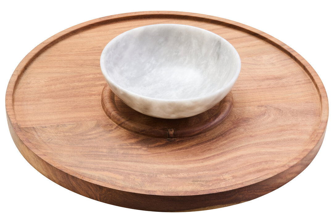 Casia Chip & Dip Server - White Marble & Acacia Wood