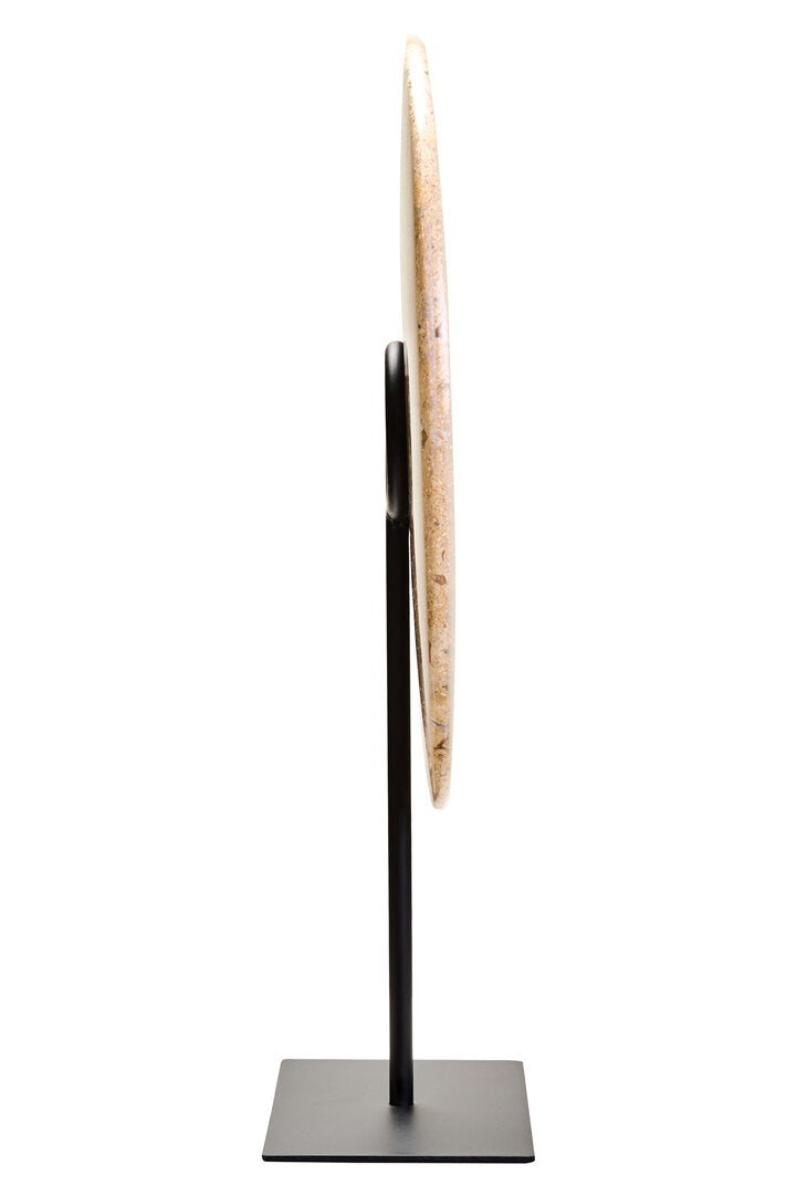 Modern floor lamp with wooden shade on a white background
