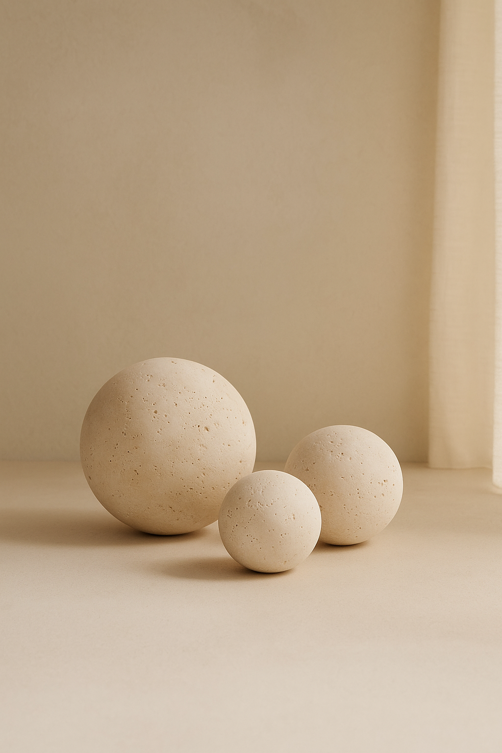Three beige spherical objects on a beige background