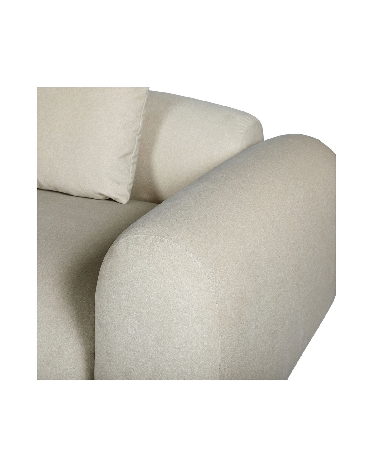 Close-up of a light beige upholstered sofa showing the armrest and part of the back cushion against a plain white background.