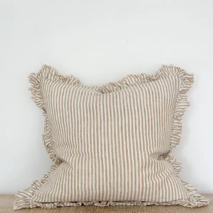 Hallie Ruffle Linen Cushion Cover – Light Brown Stripe