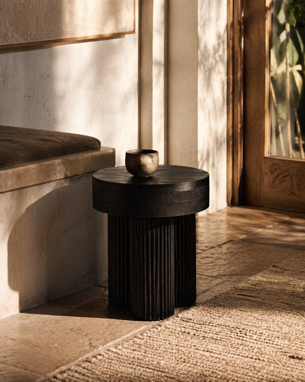 Dark wooden side table with a small decorative object in a softly lit room.