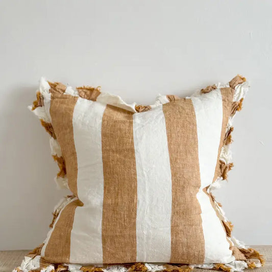 Hallie Ruffled Linen Cushion Cover – Mustard Wide Stripe