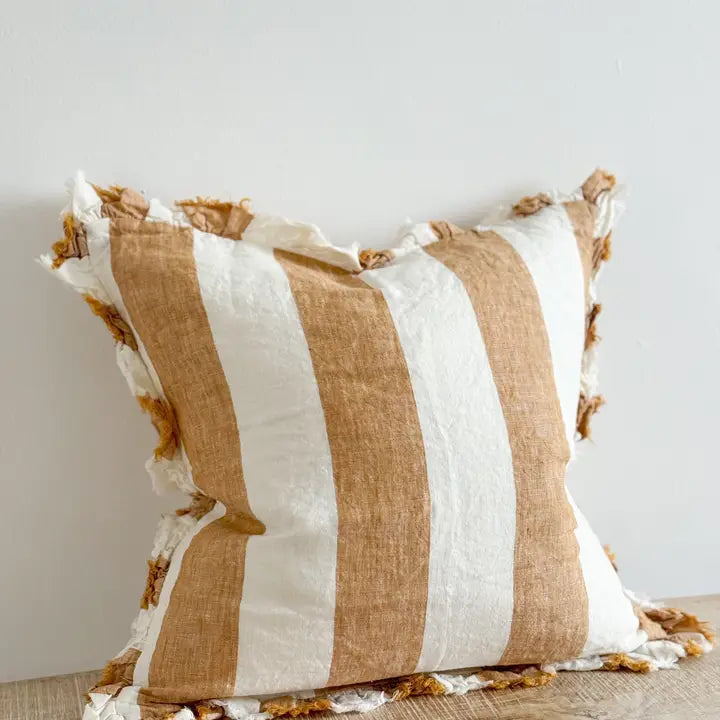 Hallie Ruffled Linen Cushion Cover – Mustard Wide Stripe