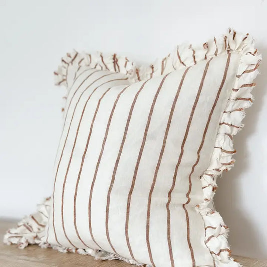 Hallie Ruffled Linen Cushion Cover – Brown & Cream Stripe