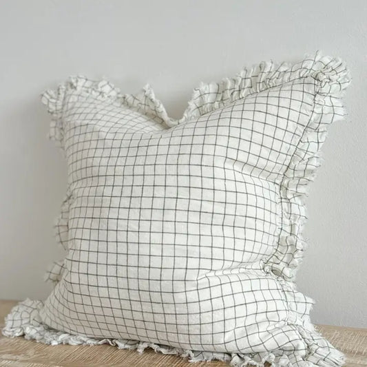 Hallie Ruffled Linen Cushion Cover 45x45 – Olive Check