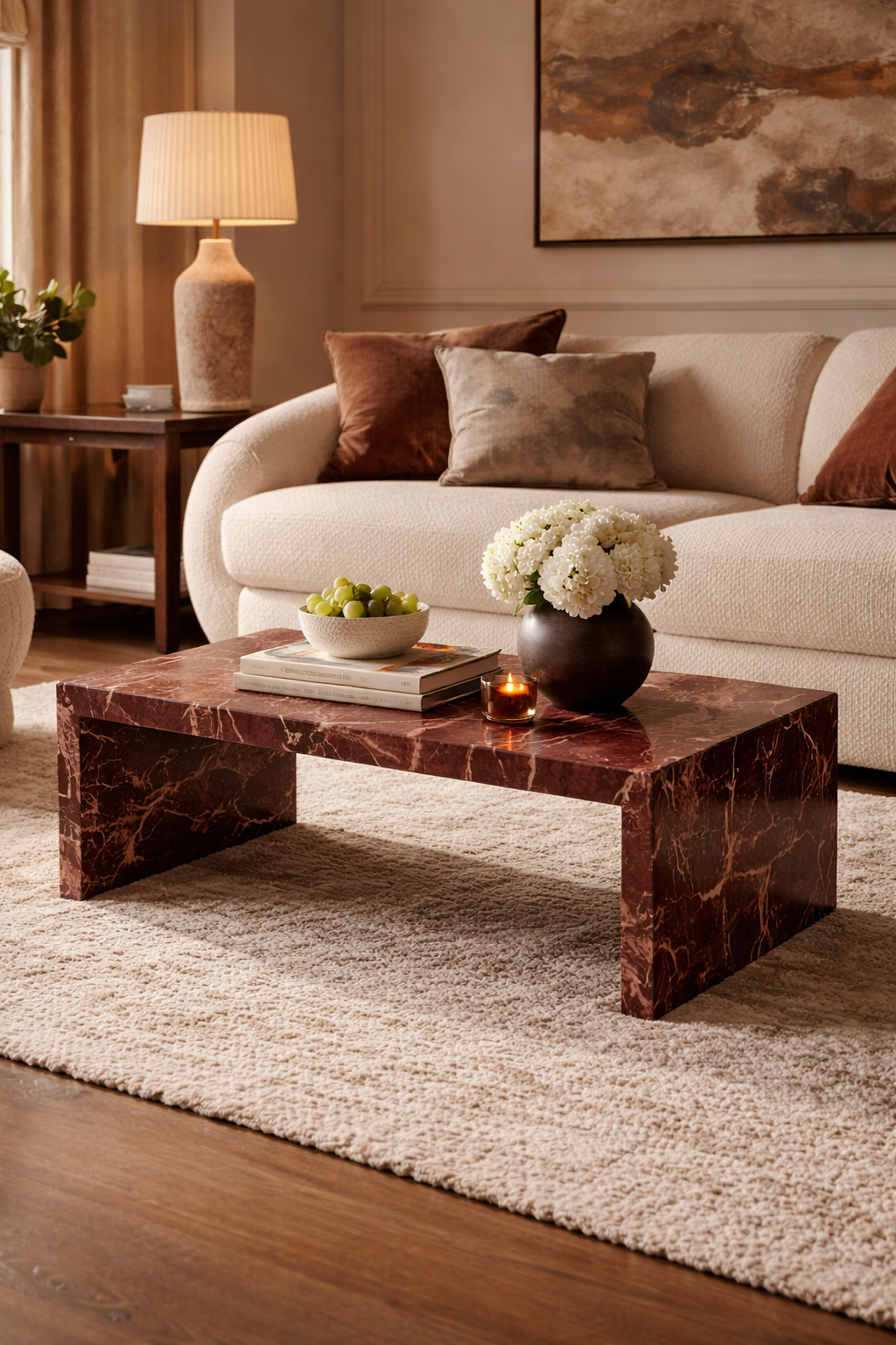 Living room with a marble coffee table, sofa, and decorative items.