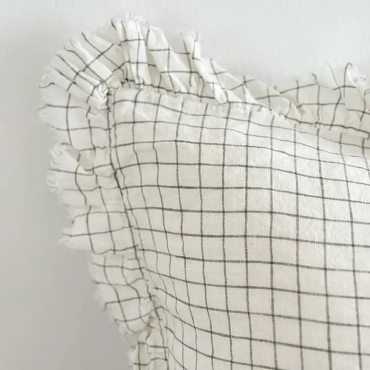 Hallie Ruffled Linen Cushion Cover 45x45 – Olive Check