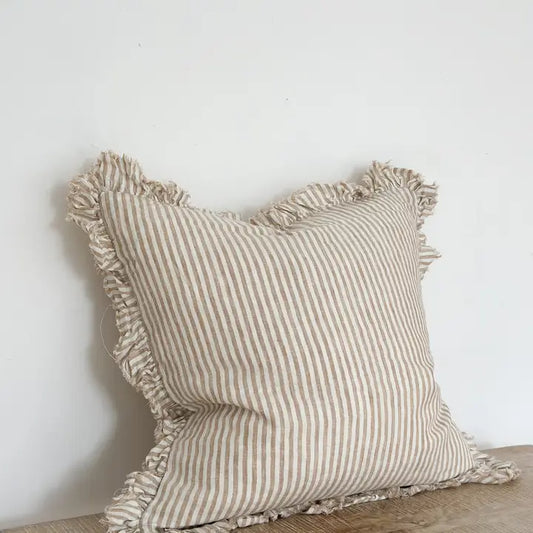 Hallie Ruffle Linen Cushion Cover – Light Brown Stripe