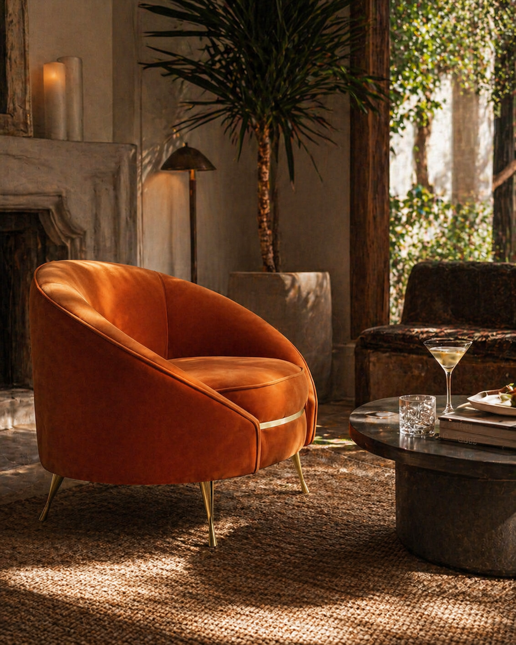 Orange armchair in a stylish living room with a coffee table and decorative items.