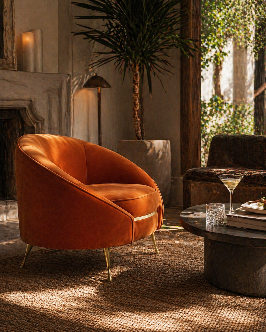Orange armchair in a stylish living room with a coffee table and decorative items.
