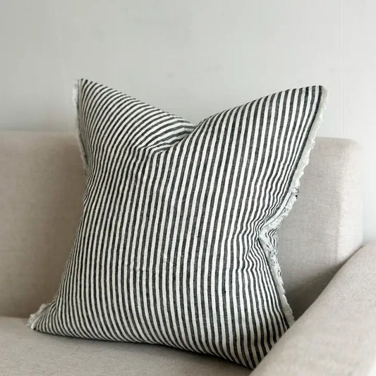Esmee Linen Cushion Cover – Frayed Edge Charcoal Stripes