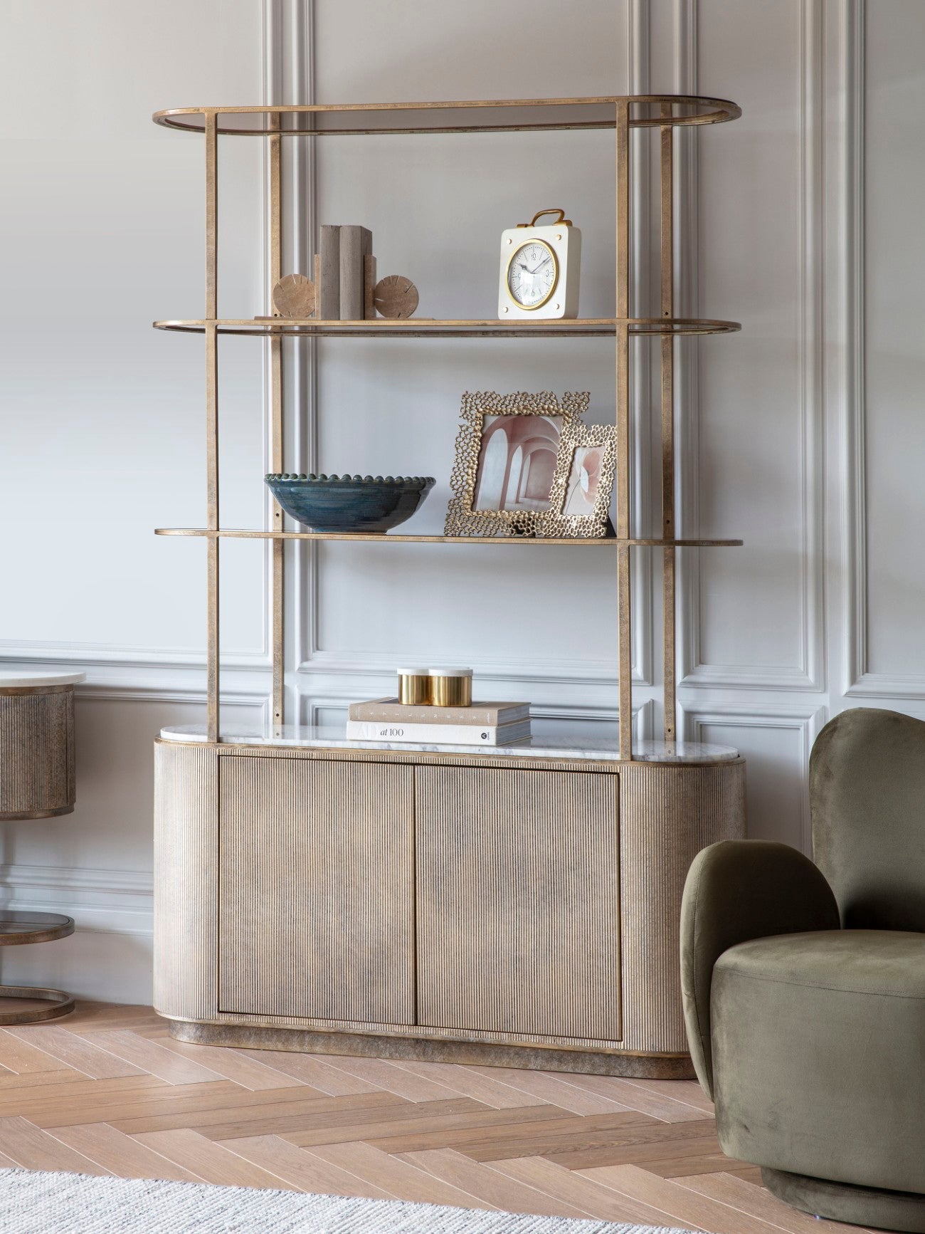 Montecito Aged Gold Shelving Unit With Storage