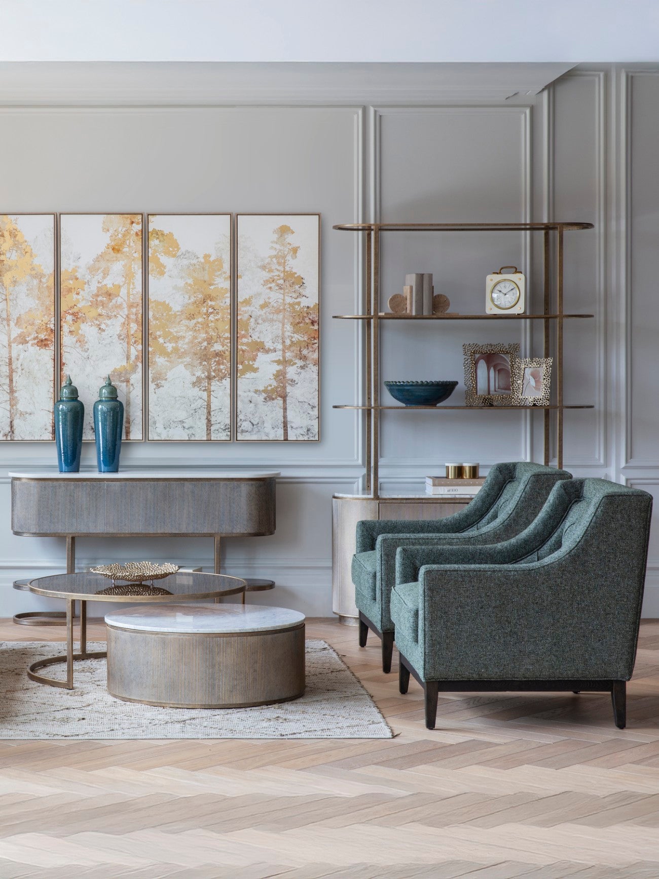 Montecito Aged Gold Shelving Unit With Storage