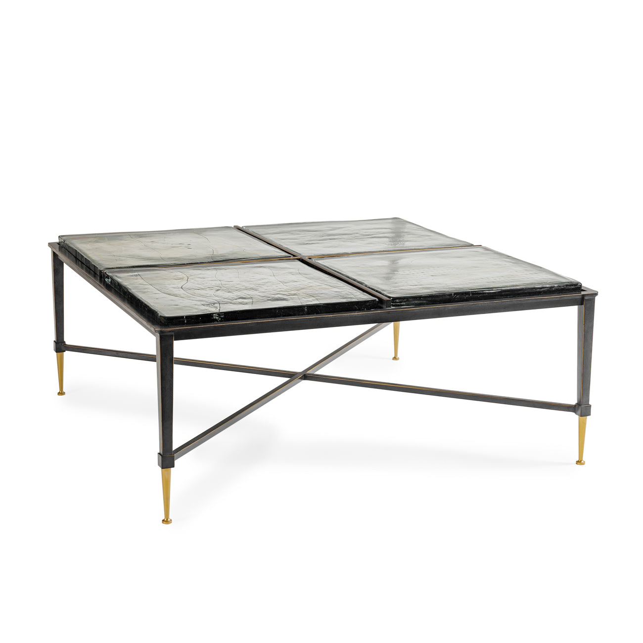 Square glass table with black metal frame on a white background