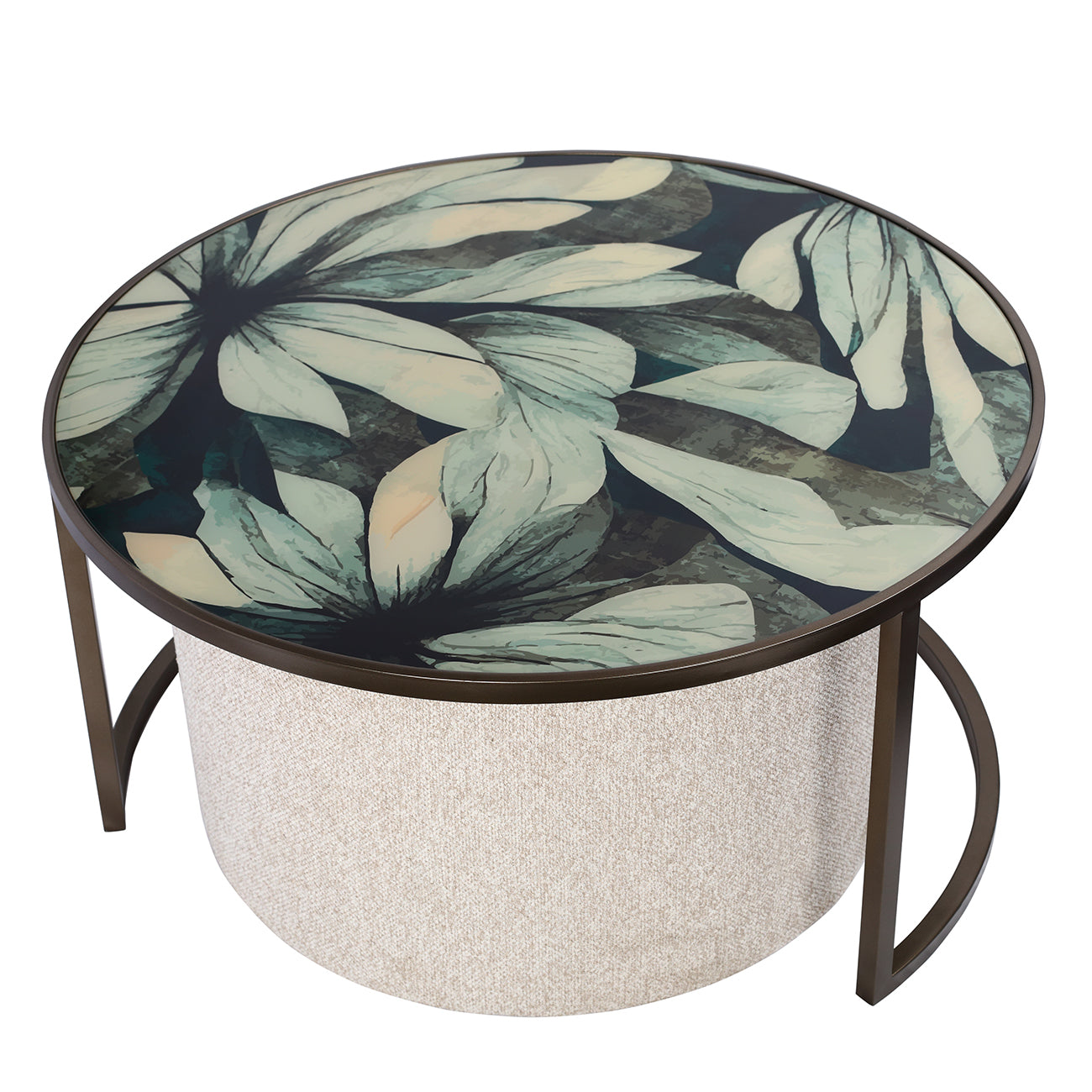 Round coffee table with floral patterned top and textured base on a white background