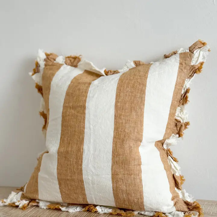 Hallie Ruffled Linen Cushion Cover – Mustard Wide Stripe