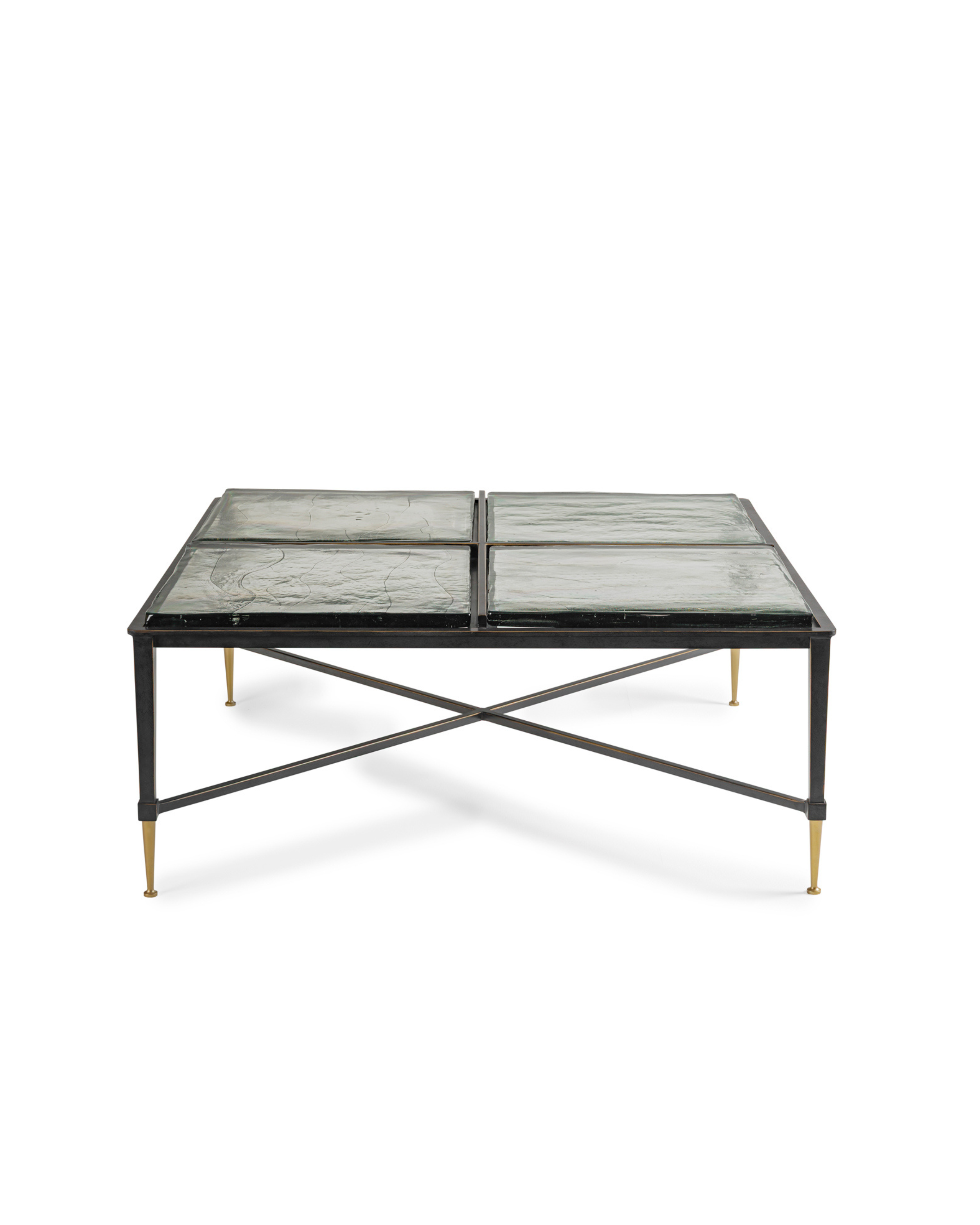 Coffee table with glass top and metal frame on a white background