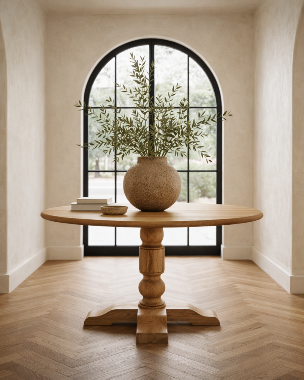 Wooden table with a vase of greenery in front of an arched window.