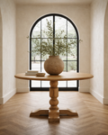 Wooden table with a vase of greenery in front of an arched window.