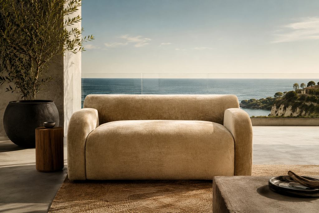 Beige sofa in a room with a large window view of the ocean.