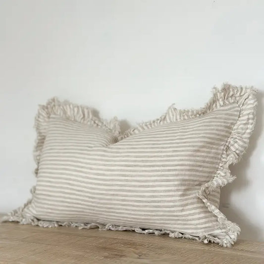 Hallie Ruffled Linen Cushion Cover – Natural Beige Stripe