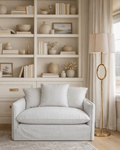 Cozy living room with a striped armchair, bookshelf, and standing lamp.