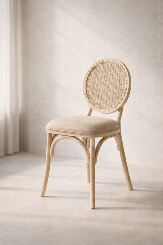 Wicker chair with cushioned seat against a neutral wall