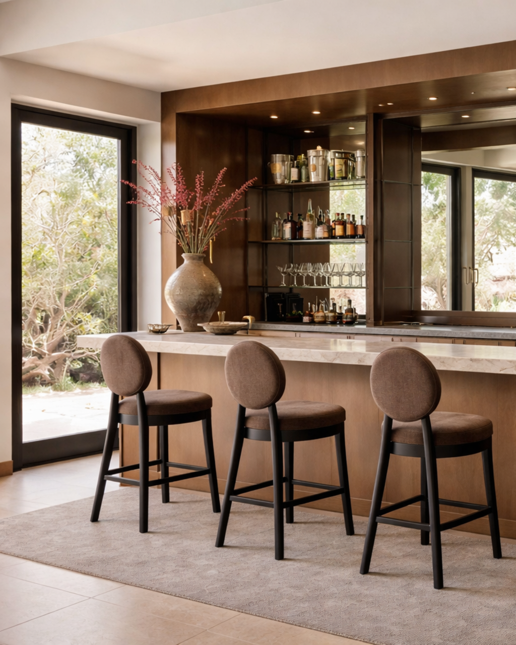 Modern kitchen with bar area, stools, and large windows.