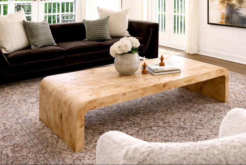 Living room with a wooden coffee table, dark sofa, and white rug.