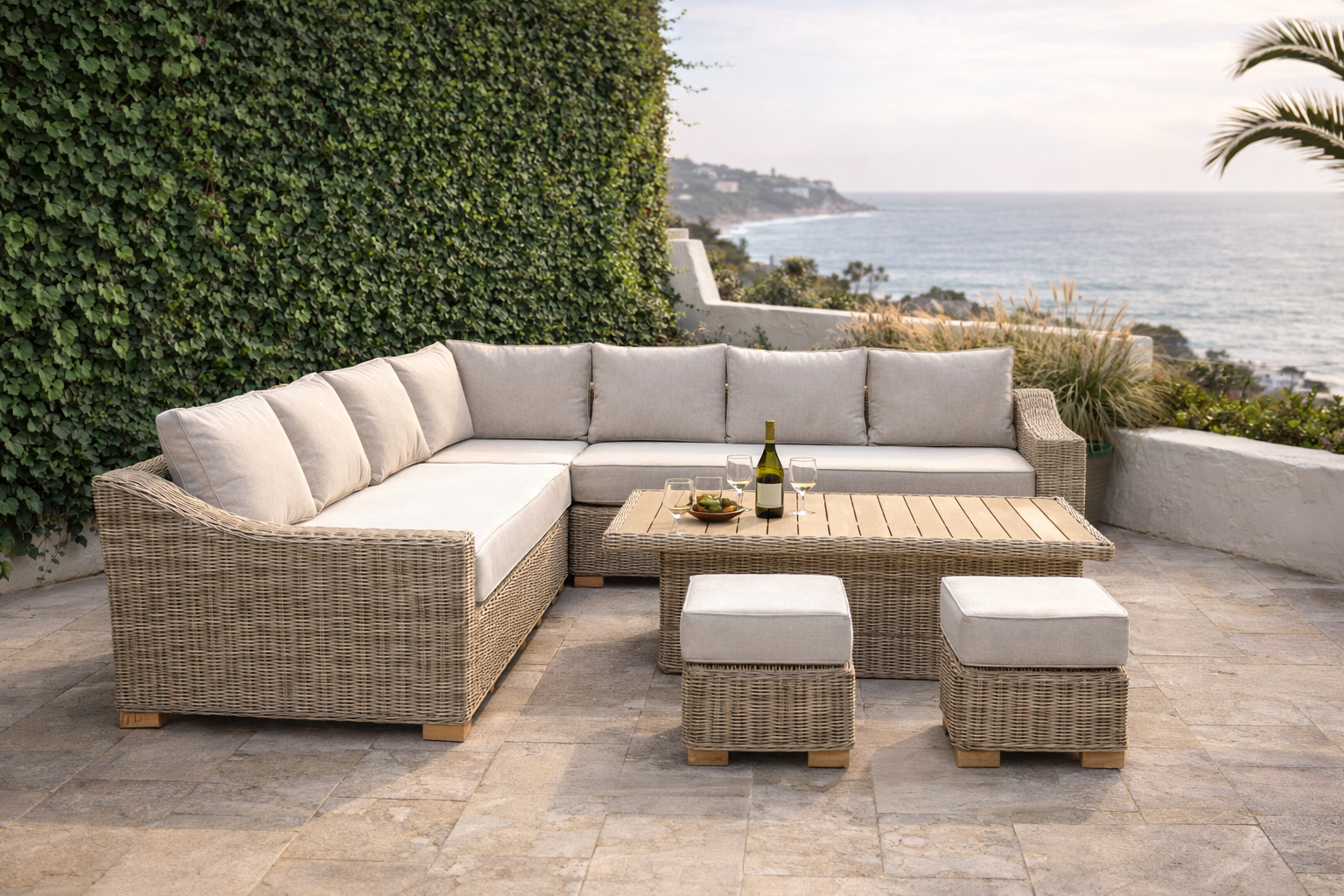 Thalia Outdoor Large Corner Set With Riser Table + 2 Stools