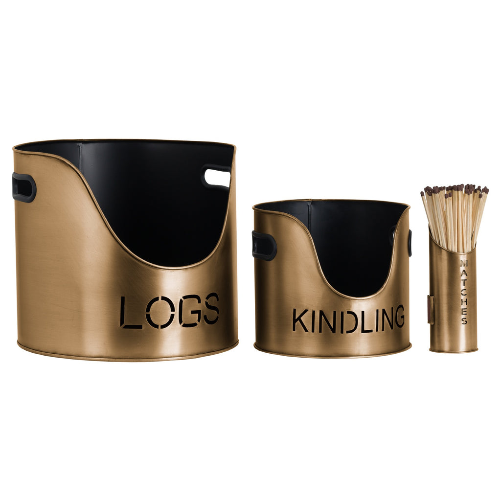 Iona Bronze Finish Logs And Kindling Buckets & Matchstick Holder