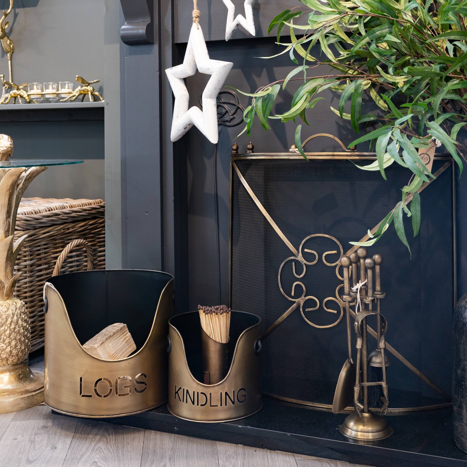 Iona Bronze Finish Logs And Kindling Buckets & Matchstick Holder