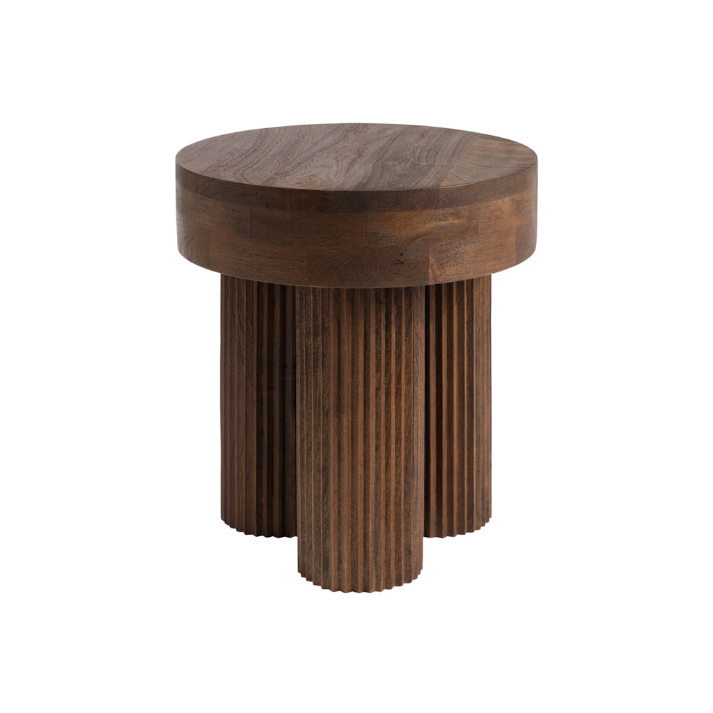 Wooden side table with a round top and ribbed cylindrical base on a white background