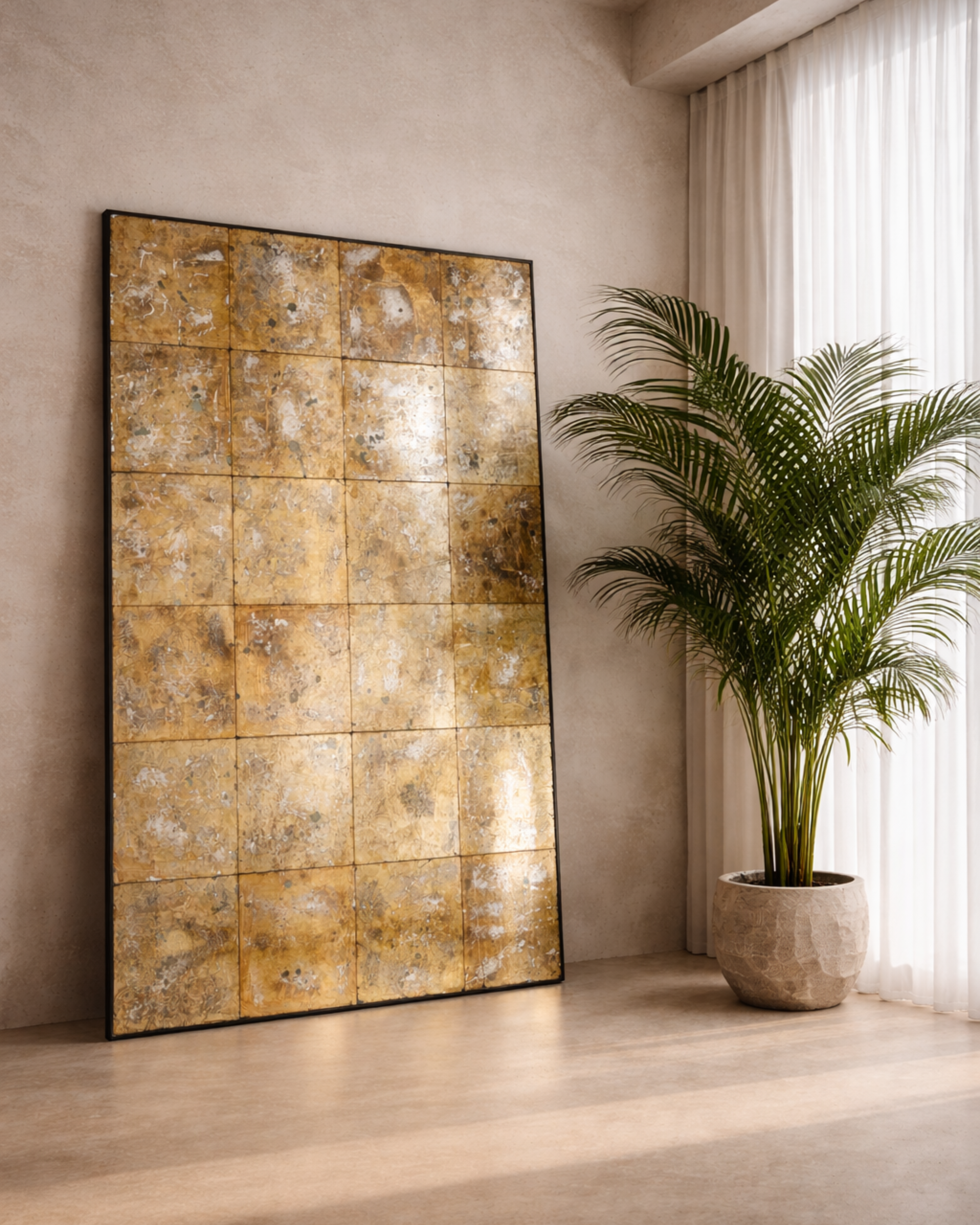 Large antiqued gold floor mirror leaning against a microcement wall beside a tall palm in a stone planter, with sheer white curtains and warm natural light.