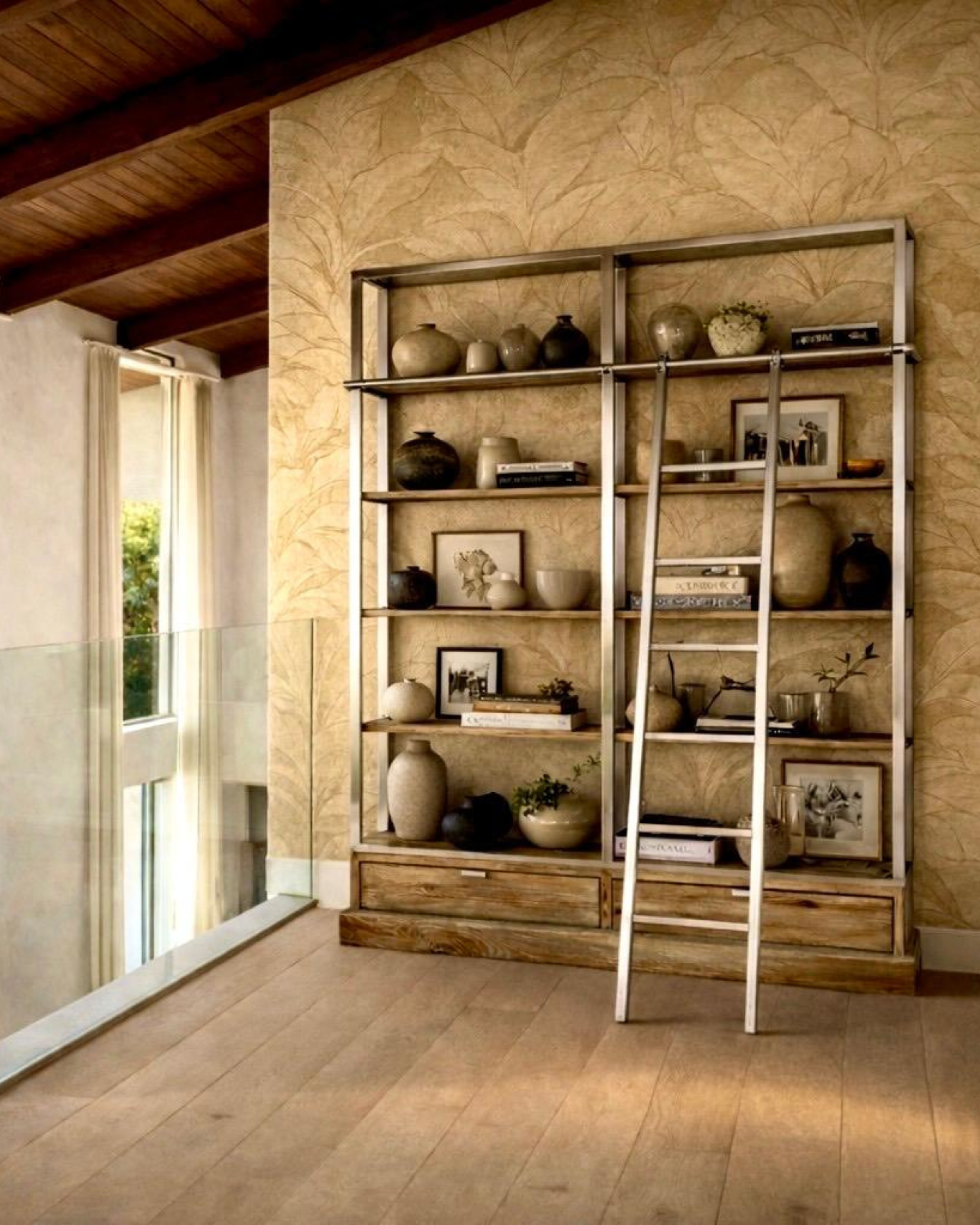 Chrome and wood shelving unit with ladder styled against gold leaf wallpaper in a bright room with arched windows.