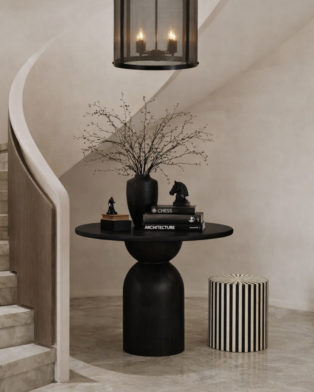 A black and ivory striped cylindrical stool sits on a polished stone floor beside a sculptural black pedestal side table topped with stacked books and decorative objects.