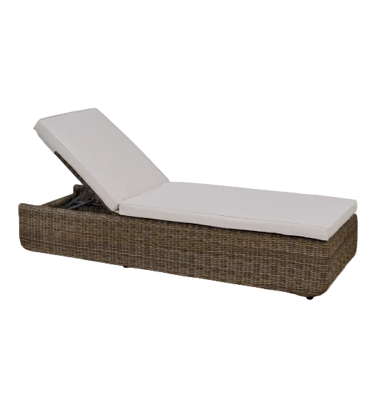 Brown wicker sun lounger with white cushion on a white background