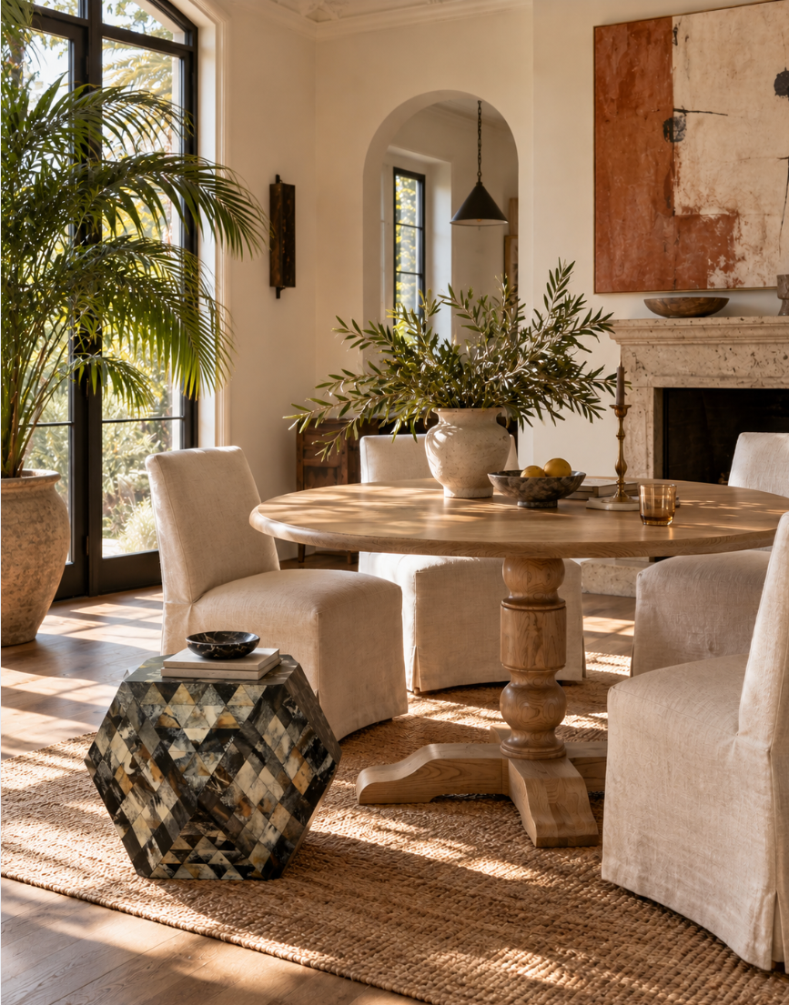 A round wooden dining table surrounded by four light beige upholstered chairs in a sunlit dining room. A geometric black-and-beige stone side table sits in the foreground on a woven jute rug, with potted plants, a fireplace, and large windows in the background.