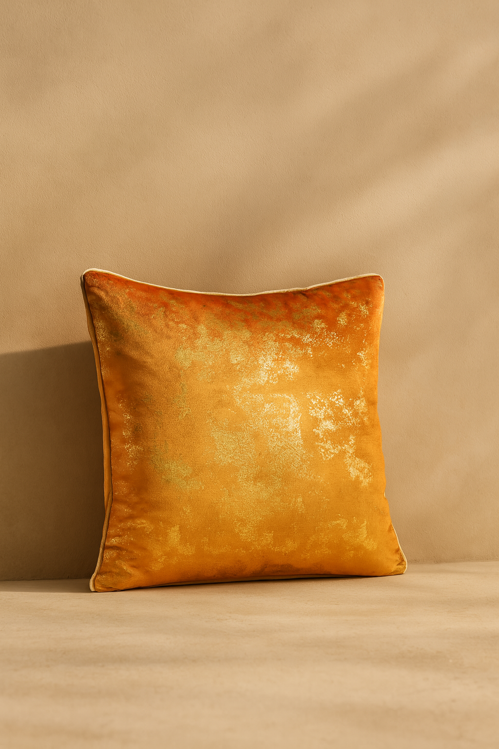Orange velvet pillow on a beige background