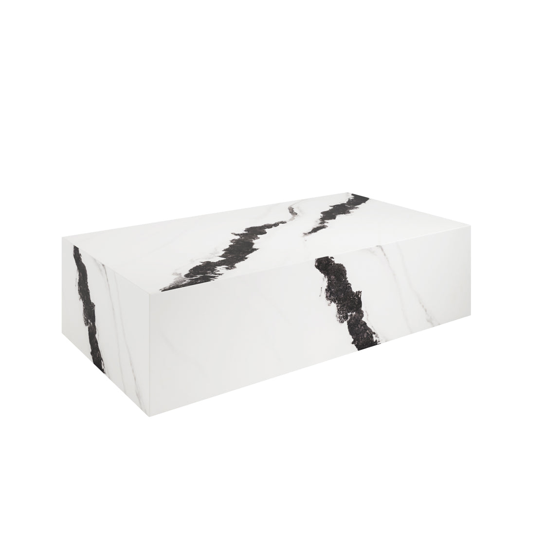 White rectangular table with black abstract patterns on a white background