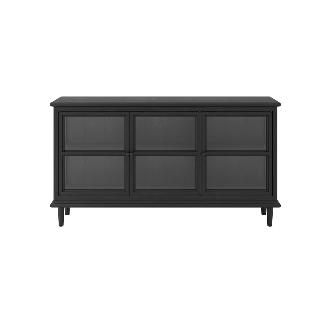 Black sideboard with glass panels on a white background