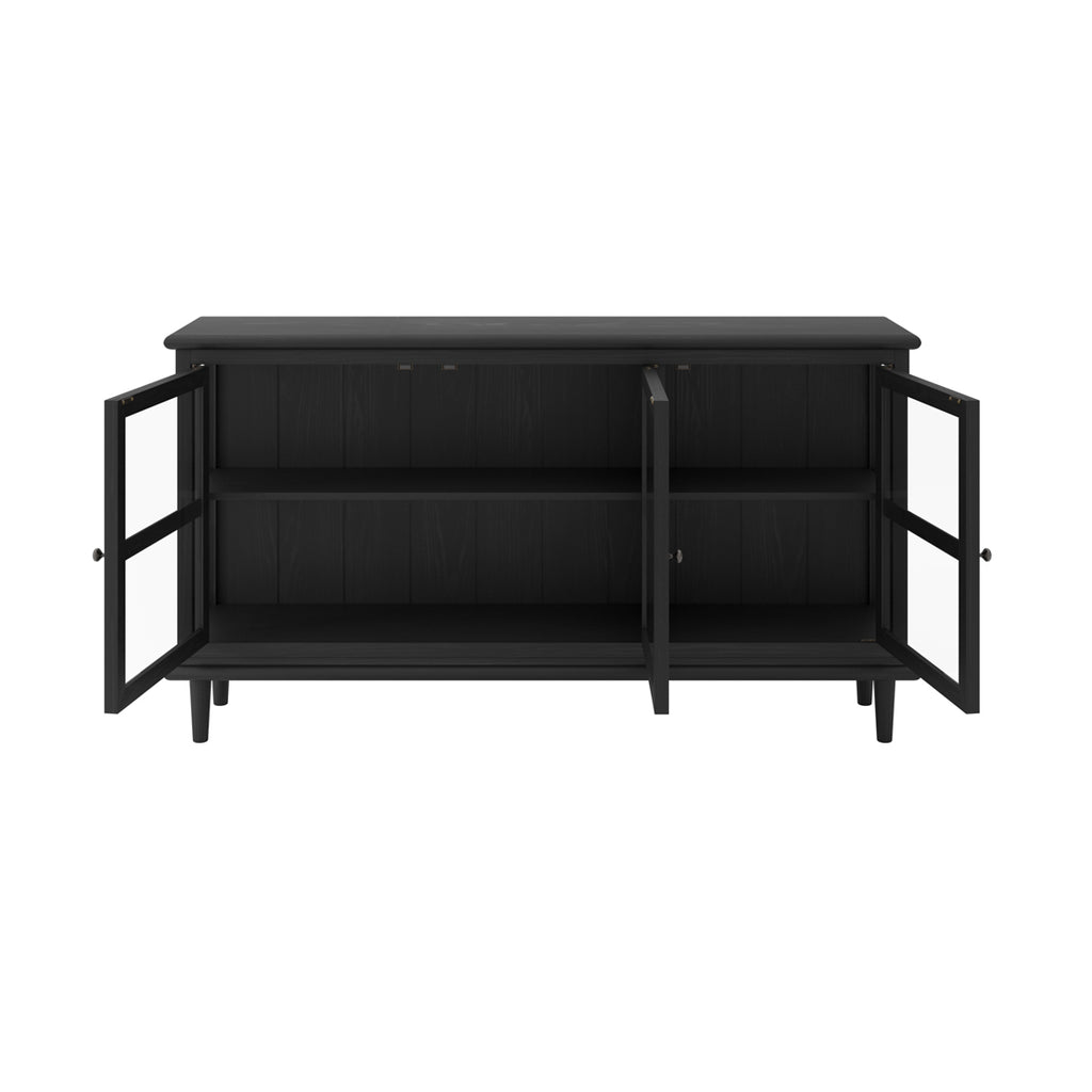 Black sideboard with open doors on a white background
