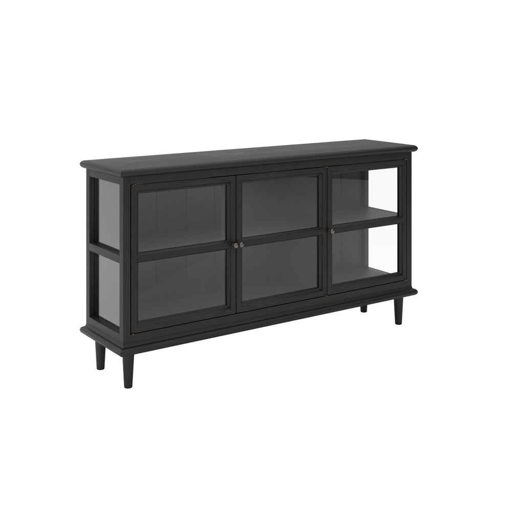Black TV stand with glass panels on a white background